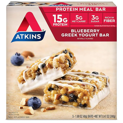 Atkins Blueberry Soft Baked & Greek Yogurt Protein Meal Bars, 15g Protein, 2-3g Sugar, High Fiber, Low Carb, 4 Packs (20 Bars) & 5 Count
