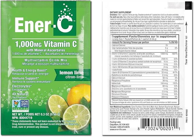 Ener-C Lemon Lime Multivitamin Drink Mix Powder Vitamin C 1000mg & Electrolytes with Real Fruit Juice Natural Energy & Immune Support for Women & Men - Non-GMO Vegan & Gluten Free - 60 Count