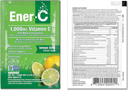 Ener-C Lemon Lime Multivitamin Drink Mix Powder Vitamin C 1000mg & Electrolytes with Real Fruit Juice Natural Energy & Immune Support for Women & Men - Non-GMO Vegan & Gluten Free - 60 Count