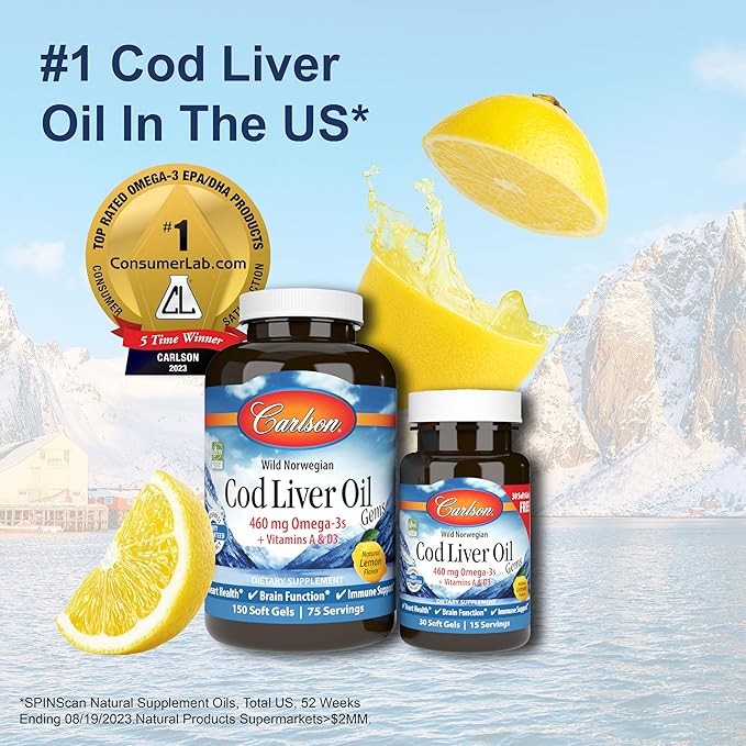 Carlson - Cod Liver Oil Gems, 460 mg Omega-3s, Plus Vitamins A and D3, Wild Caught Norwegian Arctic Cod Liver Oil, Sustainably Sourced Nordic Fish Oil Capsules, Lemon, 150 + 30 Softgels
