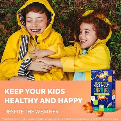 OmegaVia Sugar Free Kids Multivitamin Chewies - Daily Chewable Gummy Vitamins for Kids 3+, Vitamin A, C, D3, E, B6 & B12, Folate & More, Natural Orange Flavor, 30 Count