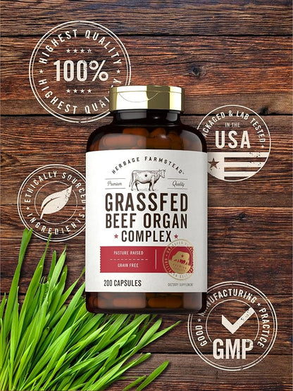 Carlyle Grass Fed Beef Organ Complex | 200 Capsules | Pasture Raised, Grain Free Supplement | with Desiccated Liver, Kidney, Pancreas, Heart, Spleen | Non-GMO, Gluten Free | by Herbage Farmstead