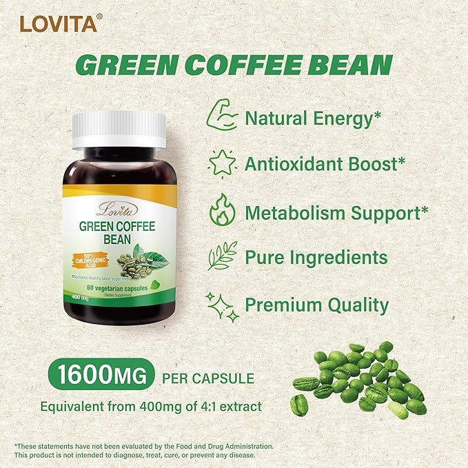 Lovita Green Coffee Bean Extract: Natural Antioxidant, High Potency - 1600mg Equivalent, 50% Chlorogenic Acid, Vegan-Friendly Dietary Supplement - 60 Capsules