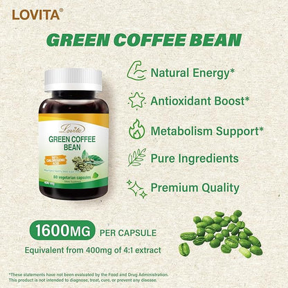 Lovita Green Coffee Bean Extract: Natural Antioxidant, High Potency - 1600mg Equivalent, 50% Chlorogenic Acid, Vegan-Friendly Dietary Supplement - 60 Capsules