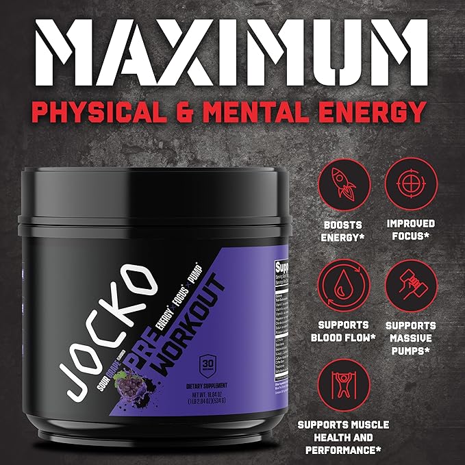 Jocko Fuel Ultimate Pre Workout Powder - Pre-Workout Energy Powder Drink for Men & Women - High Stim Sugar-Free Nootropic Blend to Support Muscle Pump, Energy, & Recovery 200mg Caffeine Sour Grape