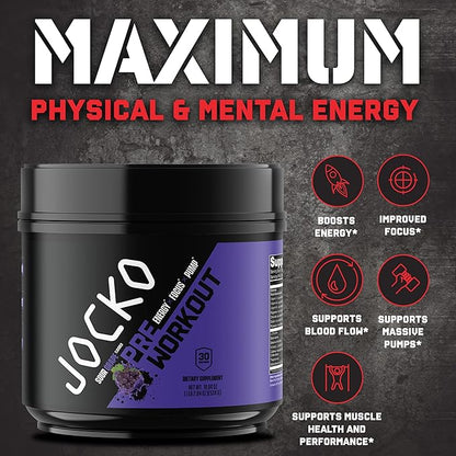 Jocko Fuel Ultimate Pre Workout Powder - Pre-Workout Energy Powder Drink for Men & Women - High Stim Sugar-Free Nootropic Blend to Support Muscle Pump, Energy, & Recovery 200mg Caffeine Sour Grape