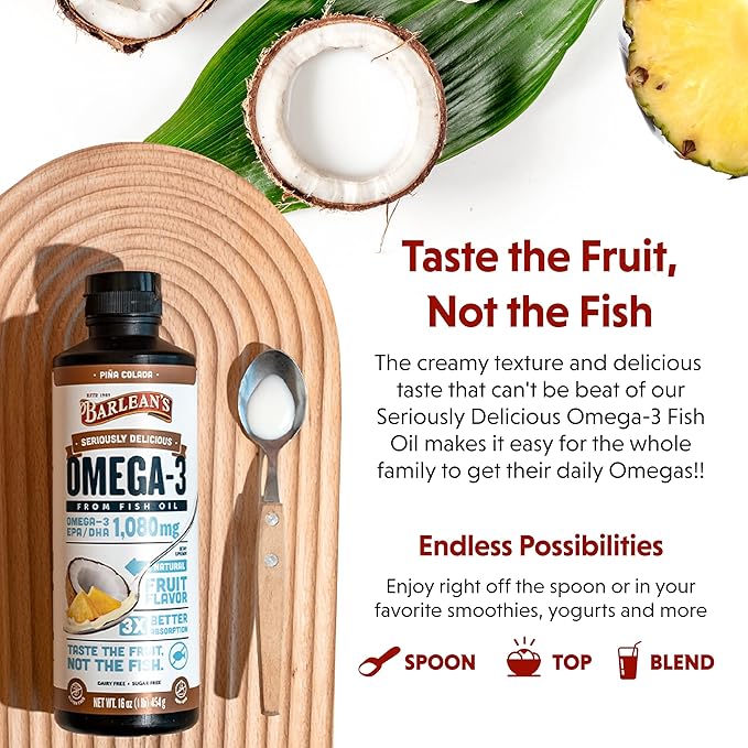 Barlean's Pina Colada Omega 3 Fish Oil Liquid Supplement 1080mg of High Potency EPA & DHA Omegas, Smoothie Flavored & Burpless Omega 3 for Kids and Adults, 16 oz