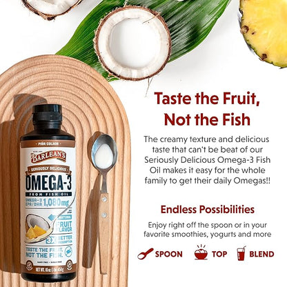 Barlean's Pina Colada Omega 3 Fish Oil Liquid Supplement 1080mg of High Potency EPA & DHA Omegas, Smoothie Flavored & Burpless Omega 3 for Kids and Adults, 16 oz
