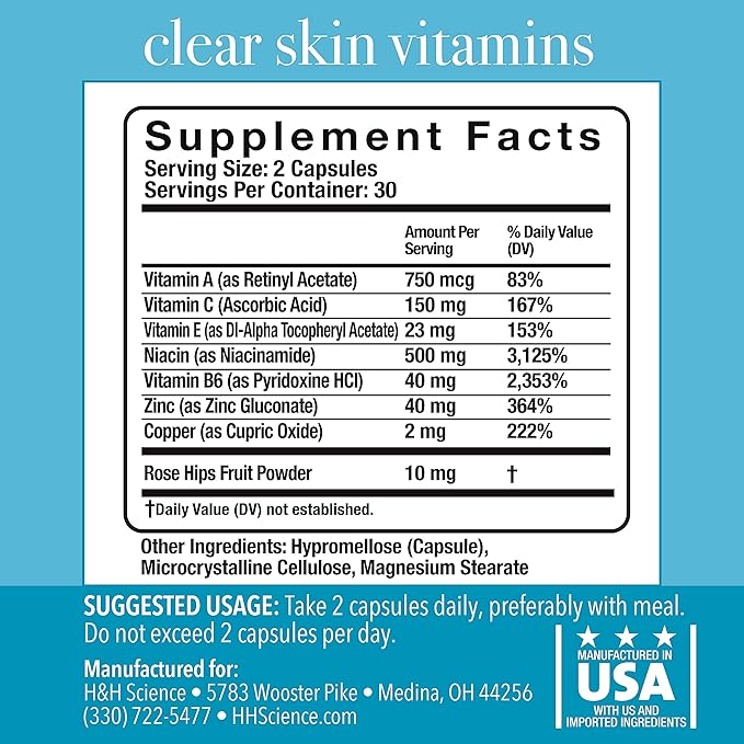 Clear Skin Vitamins for Women & Men - Supplement for Healthy Glowing Skin and Acne Control* - Patented and Dermatologist Developed Hormonal & Cystic Acne Pills