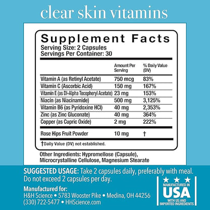 Clear Skin Vitamins for Women & Men - Supplement for Healthy Glowing Skin and Acne Control* - Patented and Dermatologist Developed Hormonal & Cystic Acne Pills