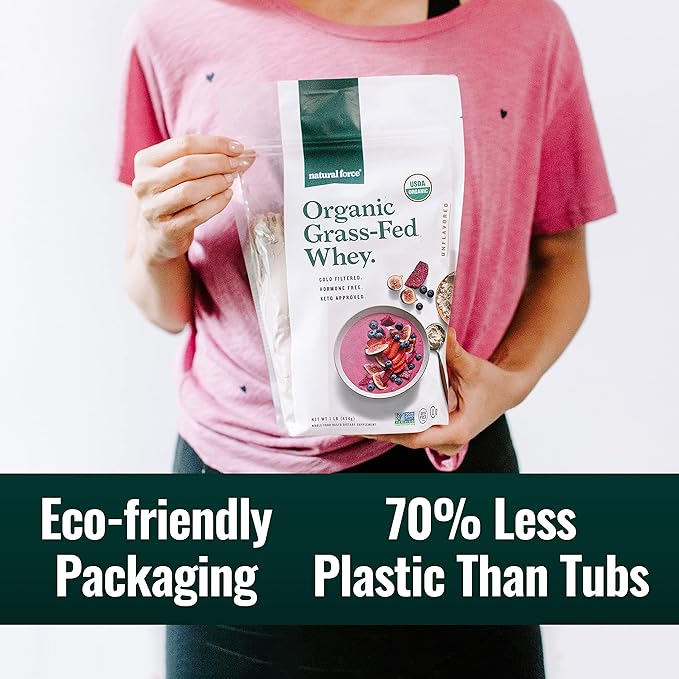 Natural Force Grass Fed Organic Whey Protein Powder - Non GMO, Keto Friendly, Low Carb, Kosher - Lab Tested for Toxins - Pure & Unflavored - 16 oz.