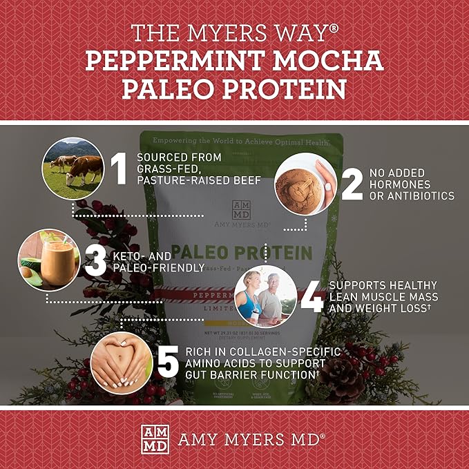 Amy Myers MD Pure Paleo Protein Powder - Clean Grass Fed Pasture Raised Protein - Hormone Free, Non-GMO, Gluten & Dairy Free - Perfect for Keto and Paleo - 29.31 Oz - Peppermint Mocha
