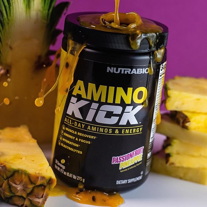 NutraBio Amino Kick - Amino Acid Energy Formula - BCAA's, Electrolytes for Hydration, Natural Caffeine- 30 Servings(Pineapple Passionfruit)