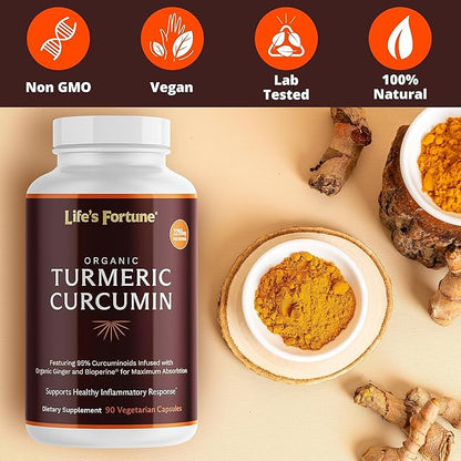 Life's Fortune Organic Turmeric Curcumin with Black Pepper and Ginger, Enhanced Absorption, Extra Strength Supplement, Joint & Immune Support, Non-GMO, 90 Cap - 2250mg