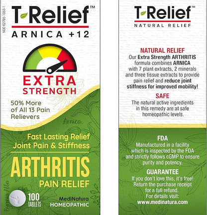 T-Relief Extra Strength Arthritis Pain Reliever Arnica +12 Natural Medicines for Joint Soreness Stiffness Aches, Quick Dissolving Pain Relief for Women & Men - 100 Tablets
