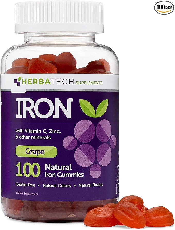 Iron Gummies for Adults and Kids, Chewable Multivitamin Supplement with Iron, Vitamin C, A, B, Zinc, Folic Acid, and Biotin (Grape Flavored) Vegan Safe, Made in The USA from HERBATECH