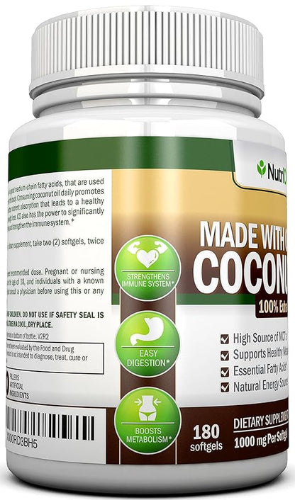 ORGANIC COCONUT OIL Capsules - 180 Softgels - 4000 MG Daily - Cold-Pressed Extra Virgin Coconut Oil - Certified USDA Organic - Great For Hair, Skin And Acne