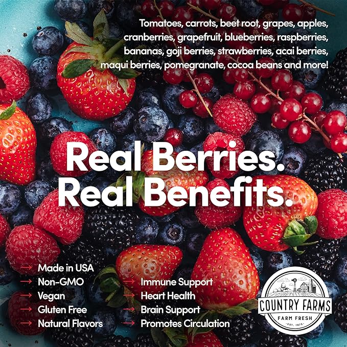 COUNTRY FARMS Super Reds, Energizing Polyphenol Superfood, 48 Super Fruits and Berries, Powerful Antioxidants and Polyphenols, Supports Energy, 20 Servings, Mixed Berry Flavor