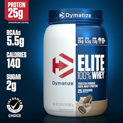 Dymatize Elite 100% Whey Protein Powder, 25g Protein, 5.5g BCAAs & 2.7g L-Leucine, Quick Absorbing & Fast Digesting for Optimal Muscle Recovery, Cookies & Cream, 2 Pound, 25 Servings