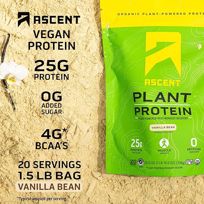 Ascent Plant Based Protein Powder - Non Dairy Vegan Protein, Zero Artificial Ingredients, Soy & Gluten Free, No Added Sugar, 4g BCAA, 2g Leucine - Vanilla, 20 Servings