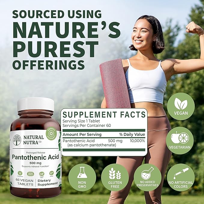 Natural Nutra Time Release Pantothenic Acid 500 mg, Vitamin B5 Supplement Helps Break Down Fat and Carbohydrates, Metabolism and Energy, Improve Muscle Health, 60 Vegetarian Tablets (3 Pack)