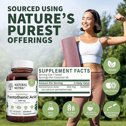 Natural Nutra Time Release Pantothenic Acid 500 mg, Vitamin B5 Supplement Helps Break Down Fat and Carbohydrates, Metabolism and Energy, Improve Muscle Health, 60 Vegetarian Tablets (3 Pack)