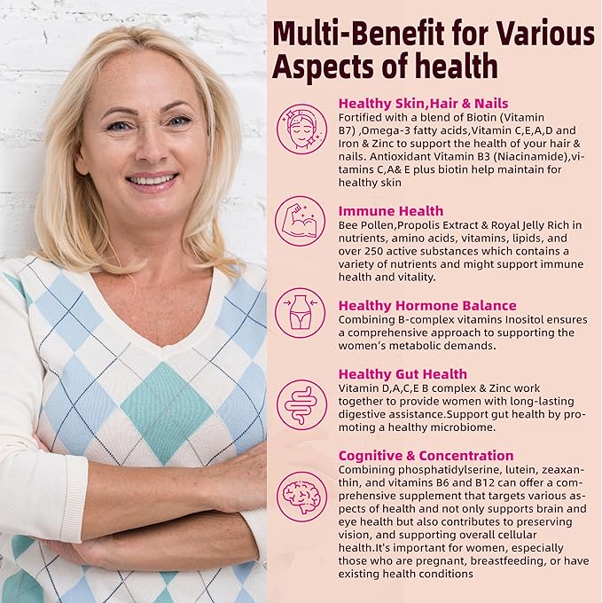 Multivitamin for Women Gummies for 40+ with Omega-3, Niacinamide, B-Complex, Lutein, Iron, Choline, Phosphatidylserine, Vitamin D3 for Skin, Hair, Energy, Immune, Bone - Vegan, Sugar Free, 120Cts