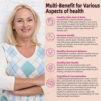 Multivitamin for Women Gummies for 40+ with Omega-3, Niacinamide, B-Complex, Lutein, Iron, Choline, Phosphatidylserine, Vitamin D3 for Skin, Hair, Energy, Immune, Bone - Vegan, Sugar Free, 120Cts