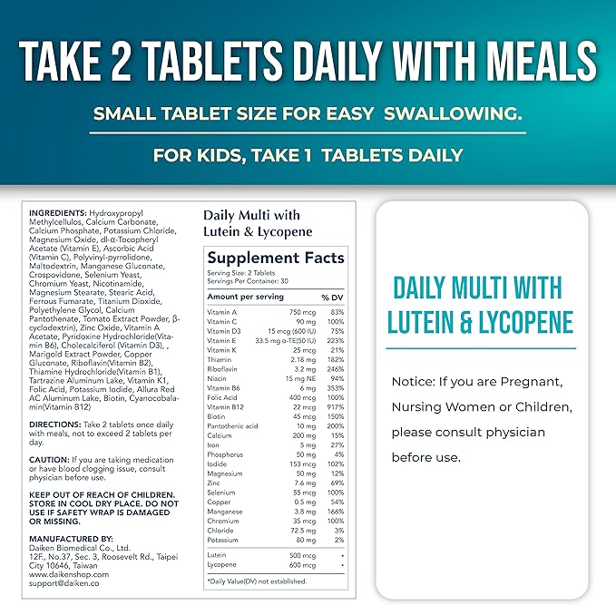 DAIKEN 27 Full Spectrum Mini Multivitamin with Lutein, Lycopene & Folic Acid, Time Released Multivitamin for Women & Men, Vegan & Easy to Swallow, 60 Mini Vitamins Tablets