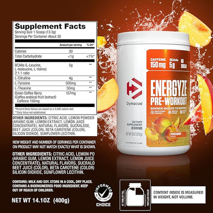 Dymatize Energyze Pre Workout Powder for Men and Women, Peach Mango Flavor, 150mg Caffeine, 5g BCAAs, Performance Blend of L-Theanine, L-Tyrosine, L-Citrulline, No Sugar, 30 Servings
