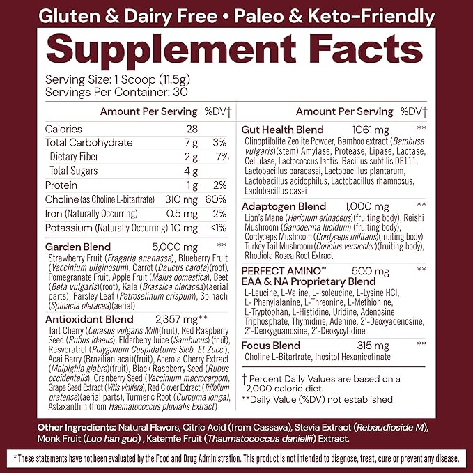 BodyHealth Perfect Reds (30 SVG) Superfood Berry Powder Antioxidant Drink, Fruit Powder Mix for Smoothies with Fruit, Vegetables, Superfoods, Phytonutrients, Fiber, and PerfectAmino Protein