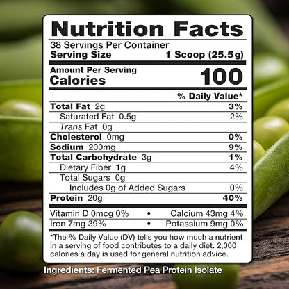 Pea Protein Powder, Unflavored and Unsweetened Sugar Free Vegan Protein Powder, 100% Plant Based Protein Powder, Non GMO, Gluten Free & Soy Free, 2.14 LB Protein Powder