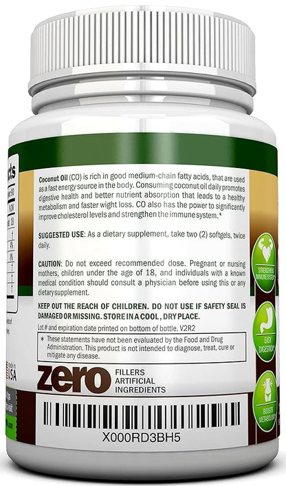 ORGANIC COCONUT OIL Capsules - 180 Softgels - 4000 MG Daily - Cold-Pressed Extra Virgin Coconut Oil - Certified USDA Organic - Great For Hair, Skin And Acne