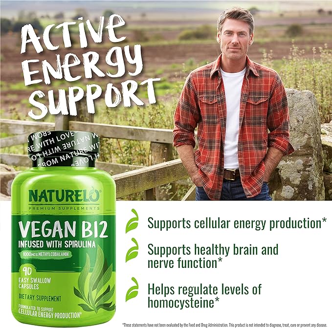 NATURELO Vegan B12 - Methyl B12 with Organic Spirulina - High Potency Vitamin B12 1000 mcg Methylcobalamin - Supports Healthy Mood, Energy, Heart & Eye Health - 90 Capsules