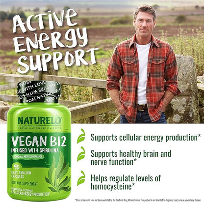 NATURELO Vegan B12 - Methyl B12 with Organic Spirulina - High Potency Vitamin B12 1000 mcg Methylcobalamin - Supports Healthy Mood, Energy, Heart & Eye Health - 90 Capsules