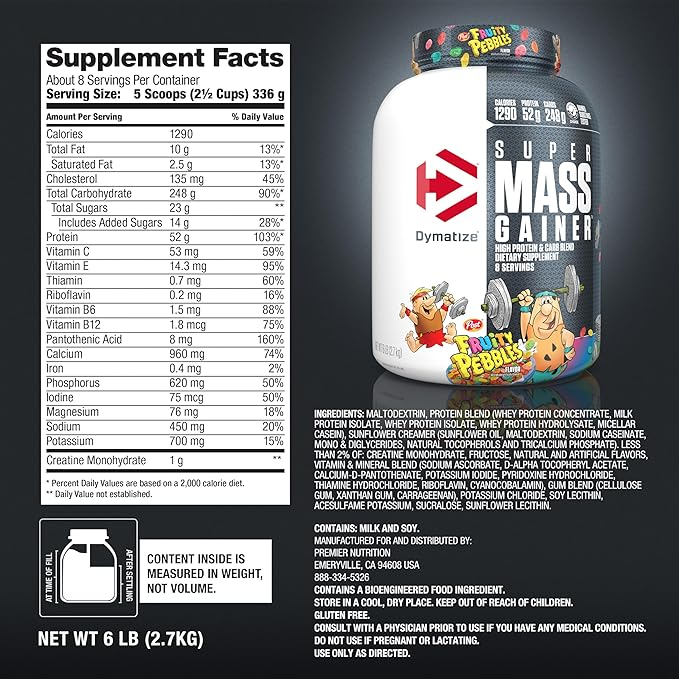 Dymatize Super Mass Gainer Protein Powder, 1290 Calories & 52g Protein, Mixes Easily, Tastes Delicious, Fruity Pebbles, 6 Pound