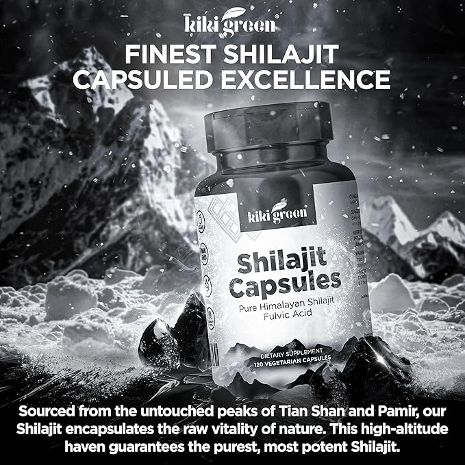 KIKI Green Shilajit Capsules - Shilajit Pure Himalayan Organic Supplement, 40% Fulvic Acid & Trace Minerals - 500 mg Pure Shilajit per Serving for Strength, Energy, Immunity - 120 Vegan Capsules