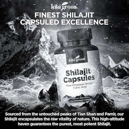 KIKI Green Shilajit Capsules - Shilajit Pure Himalayan Organic Supplement, 40% Fulvic Acid & Trace Minerals - 500 mg Pure Shilajit per Serving for Strength, Energy, Immunity - 120 Vegan Capsules