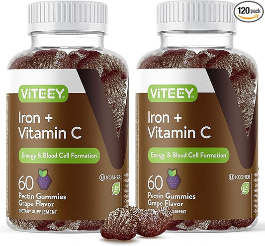 Iron Gummies 20mg + Vitamin C 26mg for Iron Deficiency and Anemia, Supports Energy, Blood Cell Formulation, Blood Builder, Vegan Supplements, Gluten Gelatin and GMO Free, Chewable Grape Gummy Chews