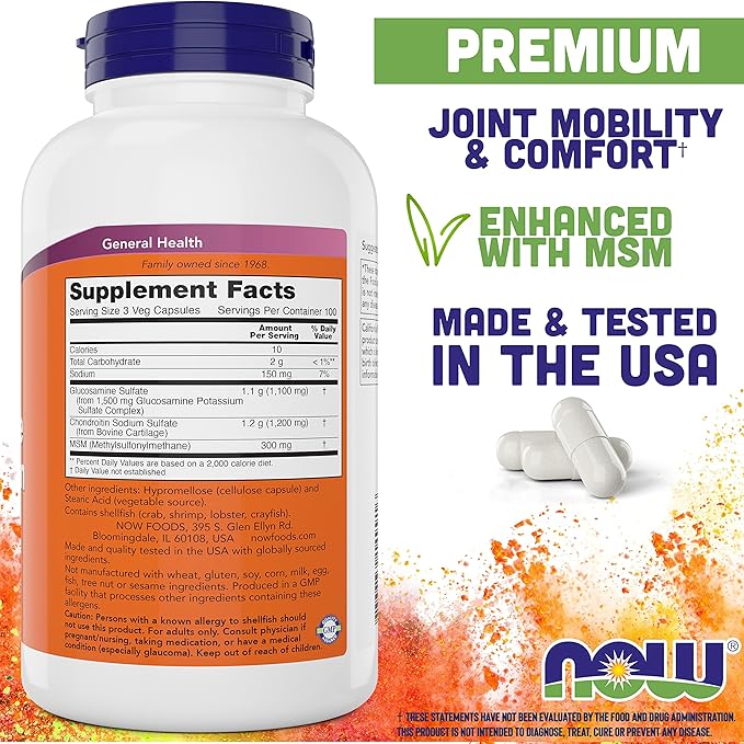 Now Glucosamine & Chondroitin with MSM, 300 Capsules, Joint Health Supplement
