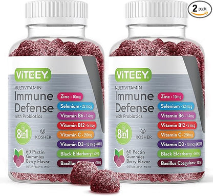 Multivitamin Gummies 8 in 1 Immune Support Supplement with Probiotics - Immune Boosters for Adults & Teens - Vegetarian, Gelatin Free, GMO Free - Chewable Berry Flavored Pectin Immune Defense Gummy