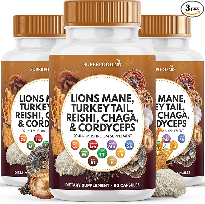 Lions Mane 3000mg 20in1 Mushroom Supplement with Turkey Tail 2000mg Reishi 1000mg Cordyceps Chaga 1000mg with Marshmallow Root - 180 Count