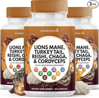 Lions Mane 3000mg 20in1 Mushroom Supplement with Turkey Tail 2000mg Reishi 1000mg Cordyceps Chaga 1000mg with Marshmallow Root - 180 Count