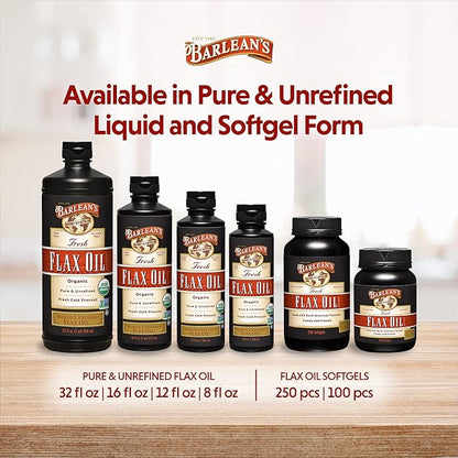 Barlean's Flaxseed Oil Softgels, Cold-Pressed Flax Seed Supplement with 1,650 mg ALA Omega-3 Fatty Acids for Joint & Heart Health, 1000mg, 100 ct