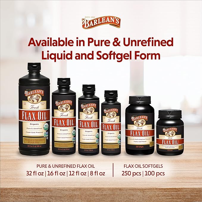 Barlean's Flaxseed Oil Softgels, Cold-Pressed Flax Seed Supplement with 1,650 mg ALA Omega-3 Fatty Acids for Joint & Heart Health, 1000mg, 250 ct