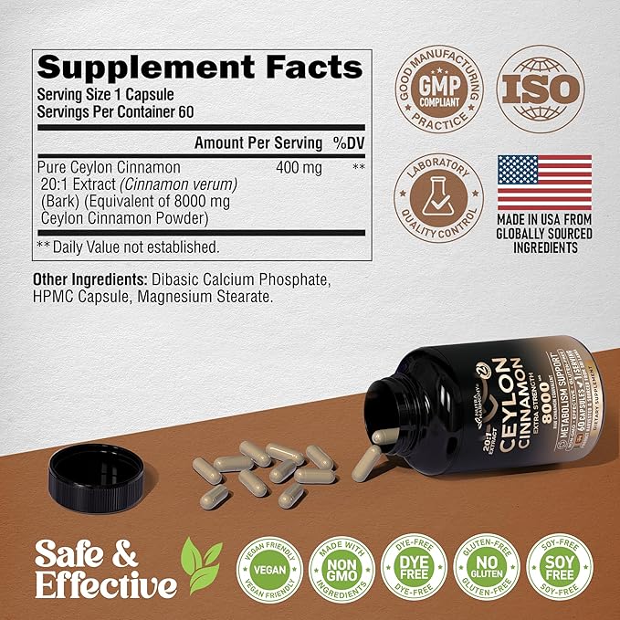 Ceylon Cinnamon Capsules - Extra Strength - Energy, Heart & Metabolism Support - for Men & Women - Pure Natural Extract 20:1 Supplement - Made in USA - GMO & Gluten Free, 60 Capsules, 2 Month Supply