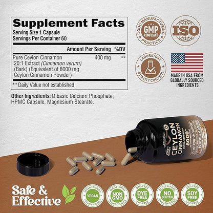 Ceylon Cinnamon Capsules - Extra Strength - Energy, Heart & Metabolism Support - for Men & Women - Pure Natural Extract 20:1 Supplement - Made in USA - GMO & Gluten Free, 60 Capsules, 2 Month Supply