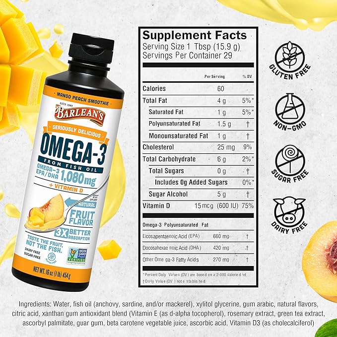 Barlean's Mango Peach Omega 3 Fish Oil Liquid Supplement with Vitamin D, 1080mg EPA & DHA Fatty Acid, Smoothie Flavored & Burpless for Brain, Joint, & Heart Health, 16 oz