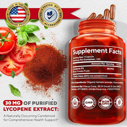 Lycopene Supplement - USA Made Lycopene 30mg - Lycopene Supplements for Men - Prostate Supplements for Men - Lycopene Supplements for Prostate Health, Heart Health & Immune Support - 120 Count
