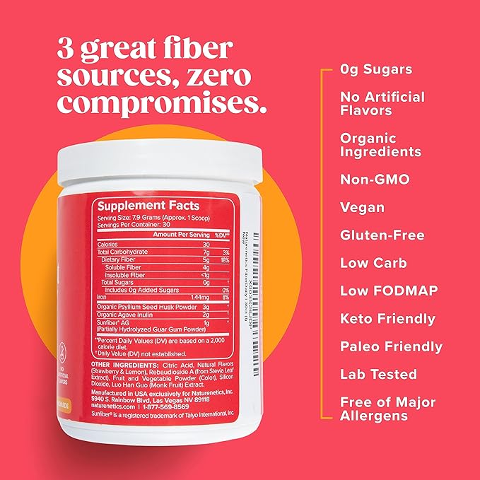 FiberDaily Delicious Fiber Powder - Organic Psyllium Husk, Agave Inulin & Sunfiber® Guar Gum Strawberry Lemonade Drink, Sugar-Free, Soluble Fiber, Prebiotic Fiber Supplement, Vegan, 30 Servings